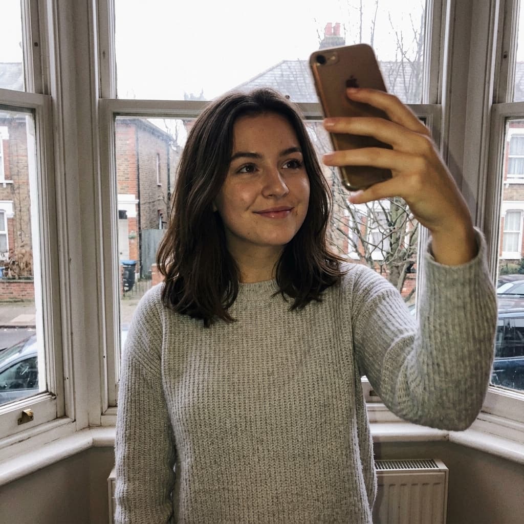 Woman in a light sweater looking toward a window